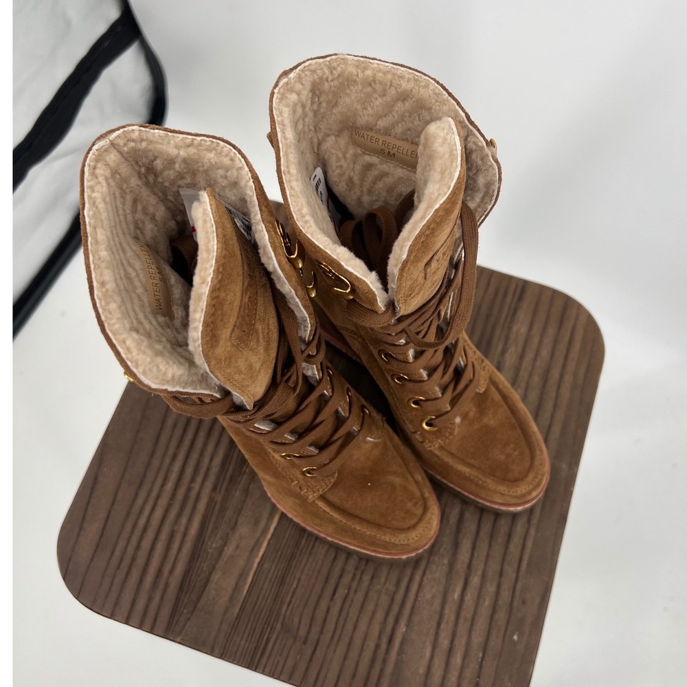 Veronica Beard Suede Shearling Lined Wedge Lace Up Boots Water Repellent 5M NWT - Picture 2 of 9